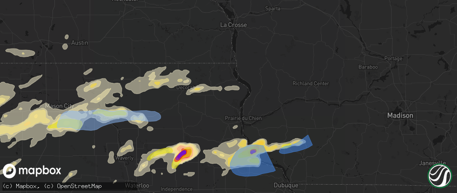Hail map in Waterville, IA on July 2, 2026