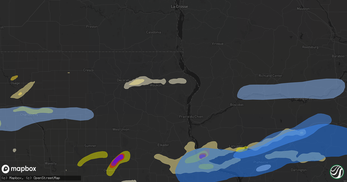 Hail map in Waterville, IA on July 2, 2026