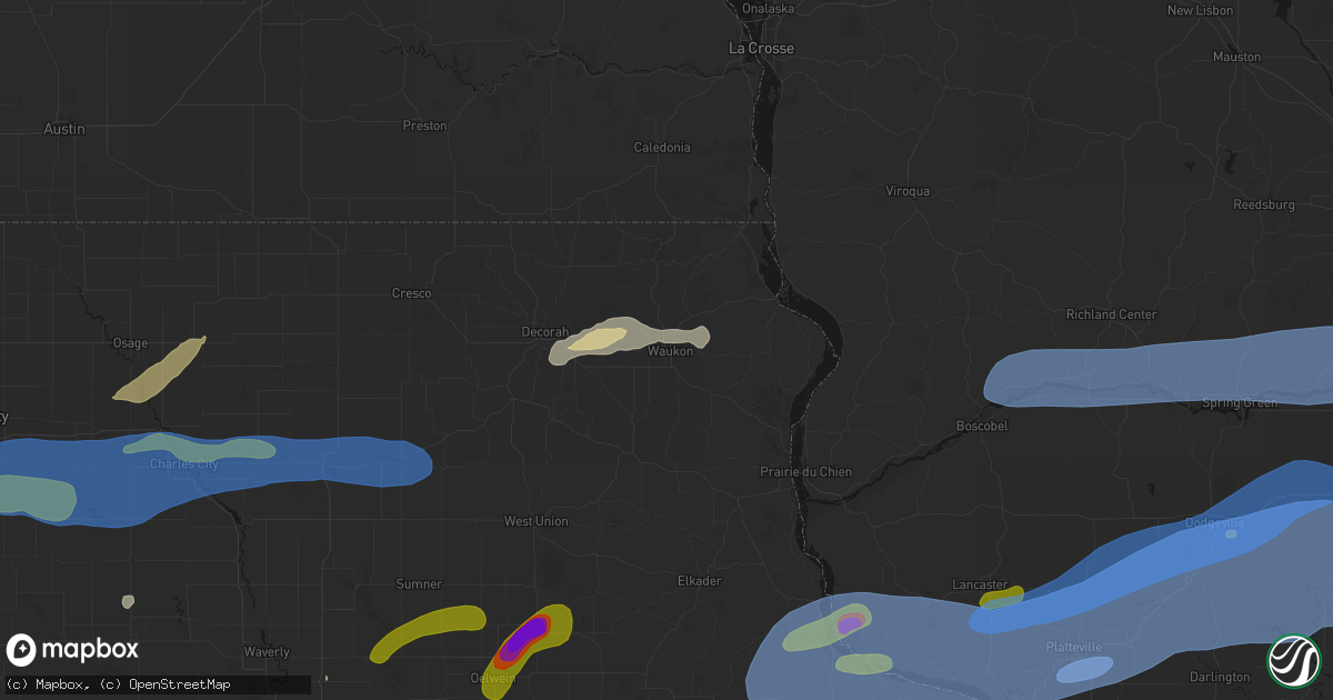 Hail map in Waukon, IA on July 2, 2026