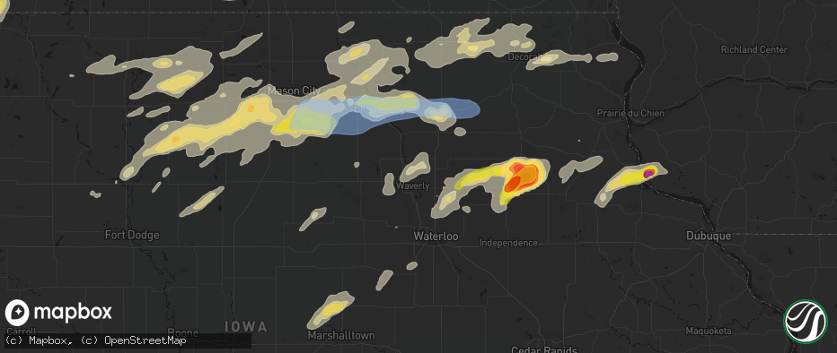 Hail map in Waverly, IA on July 2, 2026