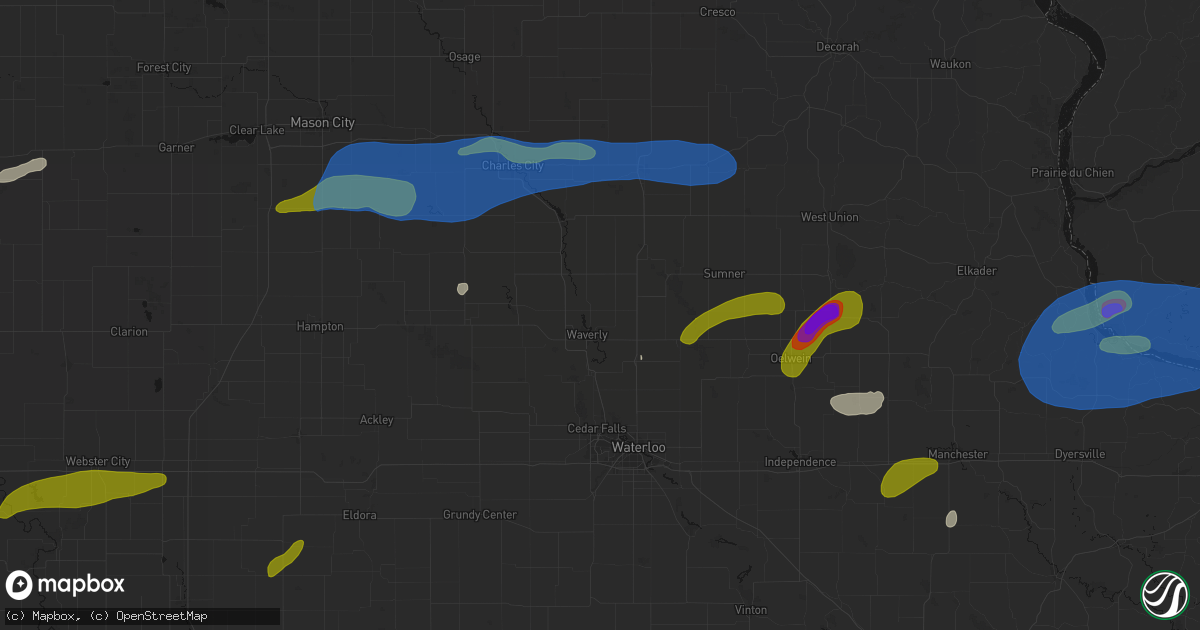Hail map in Waverly, IA on July 2, 2026