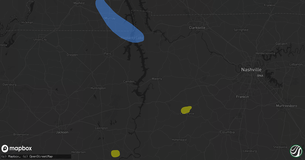 Hail map in Waverly, TN on July 2, 2026