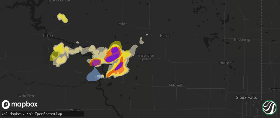 Hail map in Wessington Springs, SD on July 2, 2026