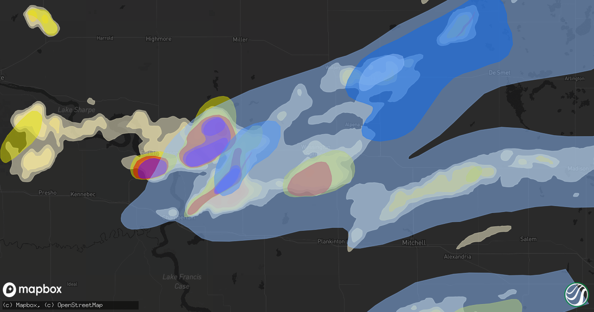 Hail map in Wessington Springs, SD on July 2, 2026