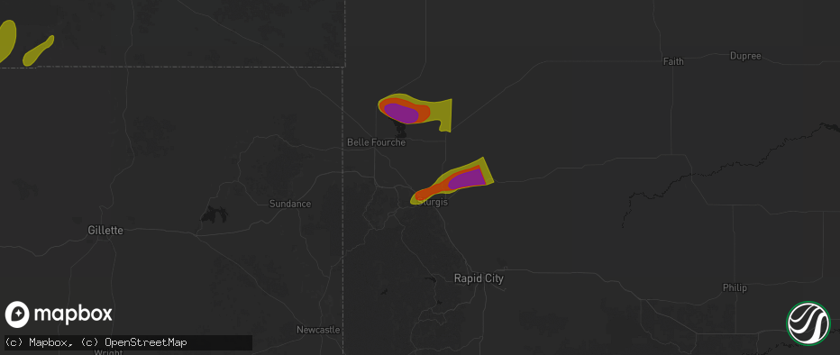 Hail map in Whitewood, SD on July 2, 2026