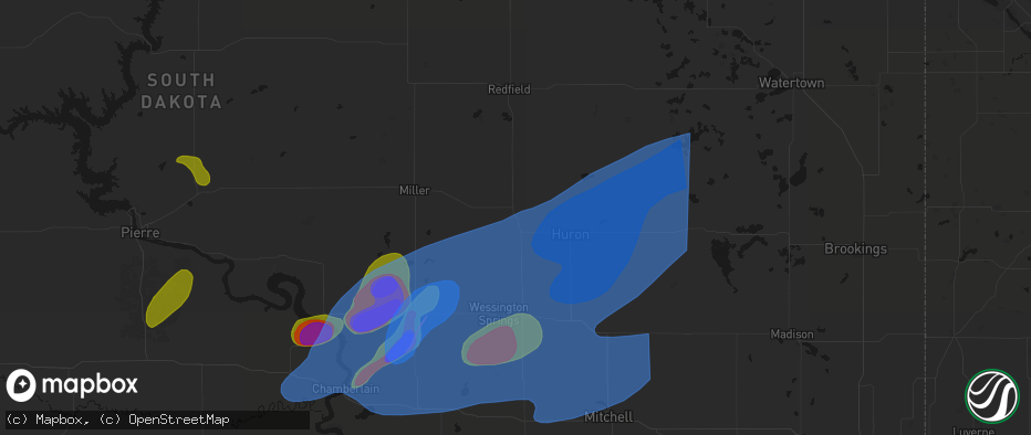 Hail map in Wolsey, SD on July 2, 2026
