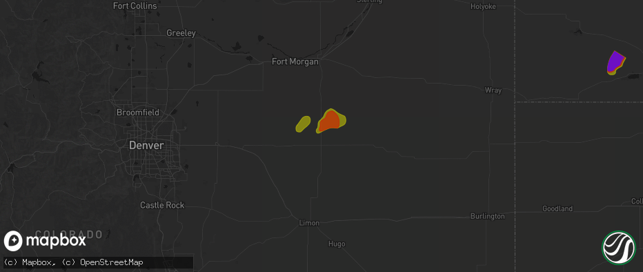 Hail map in Woodrow, CO on July 2, 2026