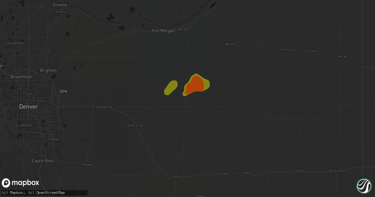 Hail map in Woodrow, CO on July 2, 2026