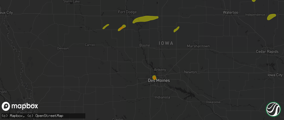 Hail map in Woodward, IA on July 2, 2026