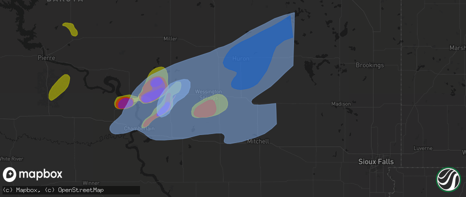 Hail map in Woonsocket, SD on July 2, 2026