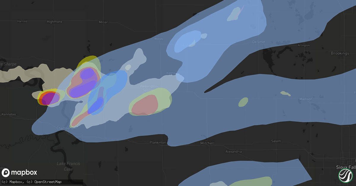 Hail map in Woonsocket, SD on July 2, 2026