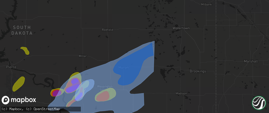 Hail map in Yale, SD on July 2, 2026