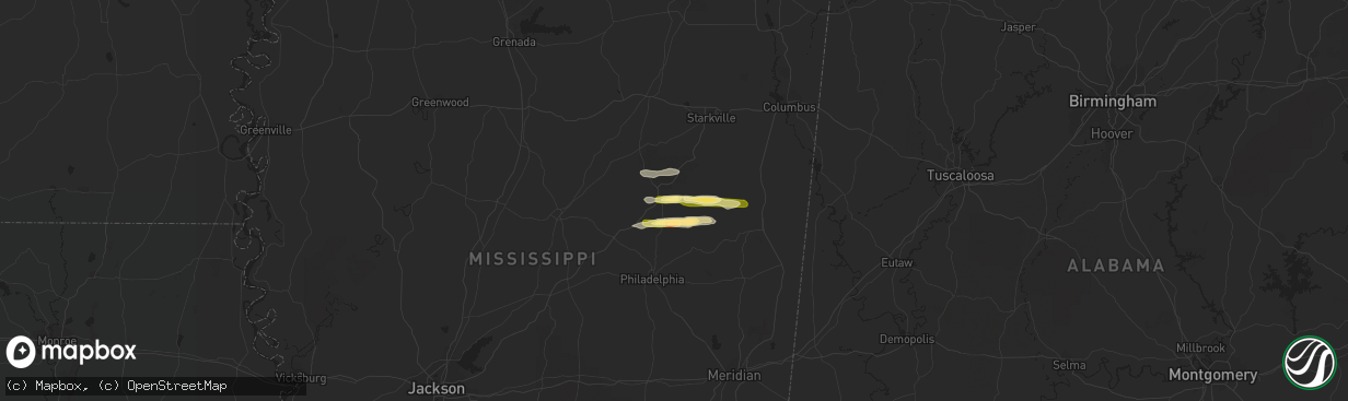 Hail map in Louisville, MS on July 3, 2015