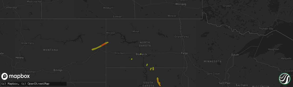 Hail map in North Dakota on July 3, 2018