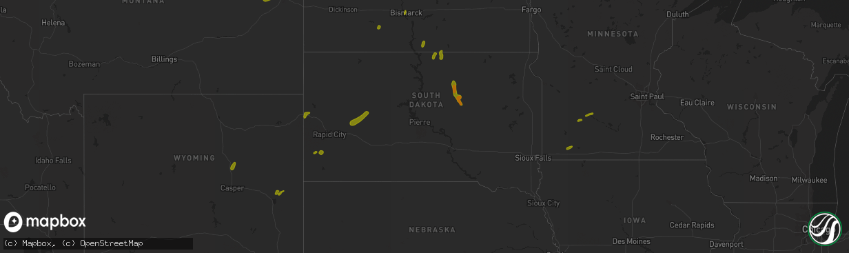 Hail map in South Dakota on July 3, 2018