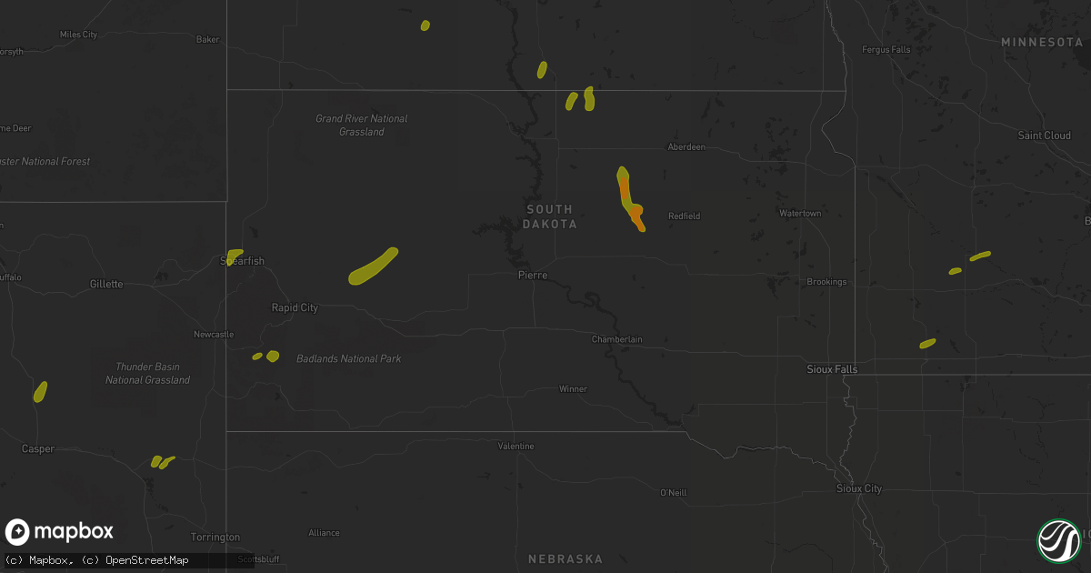 Hail map in South Dakota on July 3, 2018