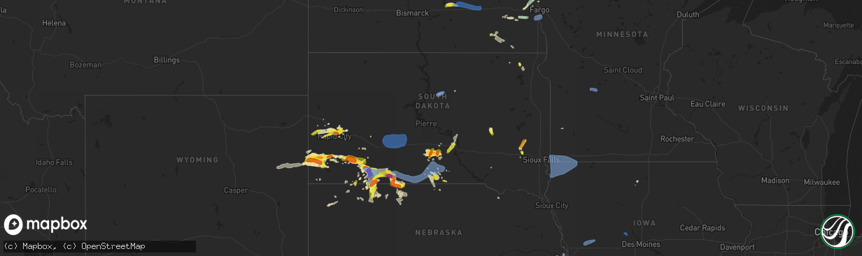 Hail map in South Dakota on July 3, 2019