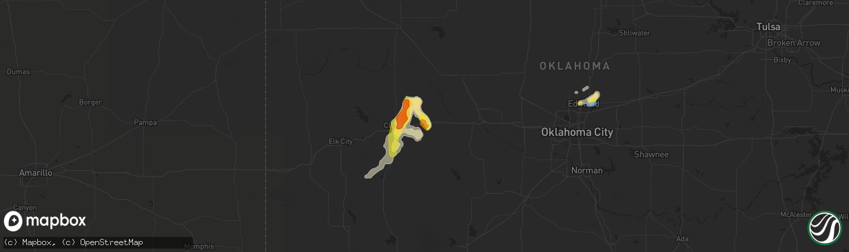 Hail map in Weatherford, OK on July 3, 2019