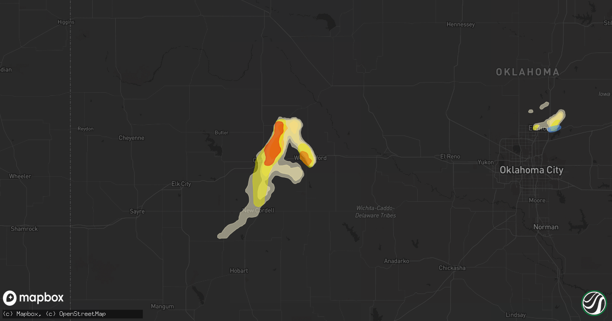 Hail map in Weatherford, OK on July 3, 2019