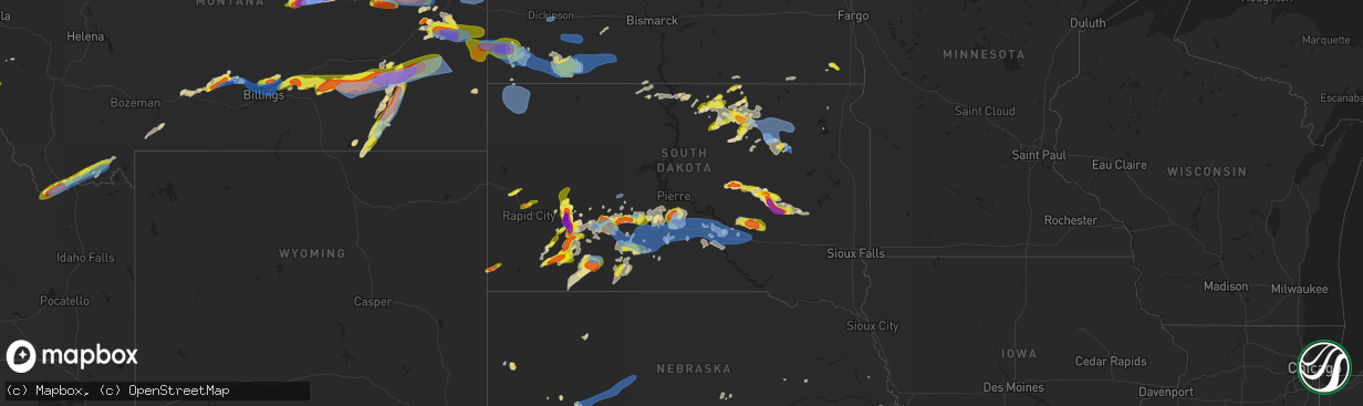 Hail map in South Dakota on July 3, 2022