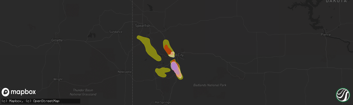 Hail map in Rapid City, SD on July 3, 2023