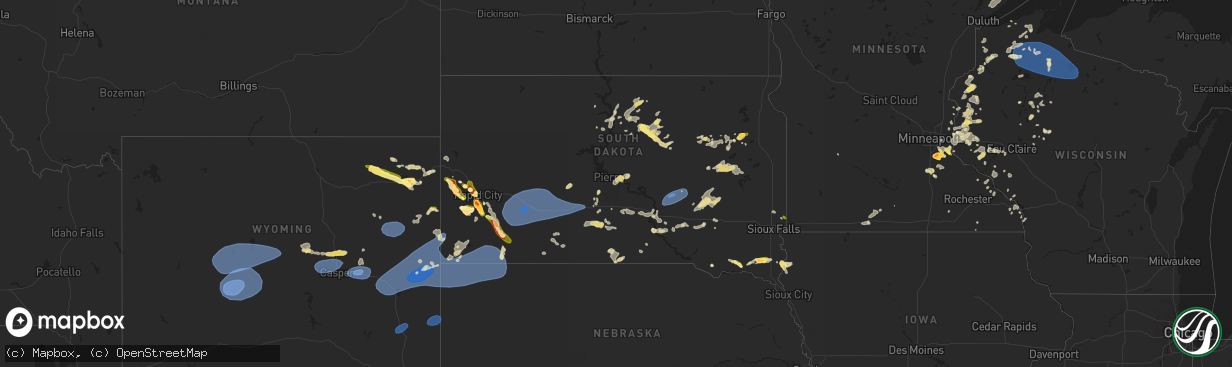Hail map in South Dakota on July 3, 2023