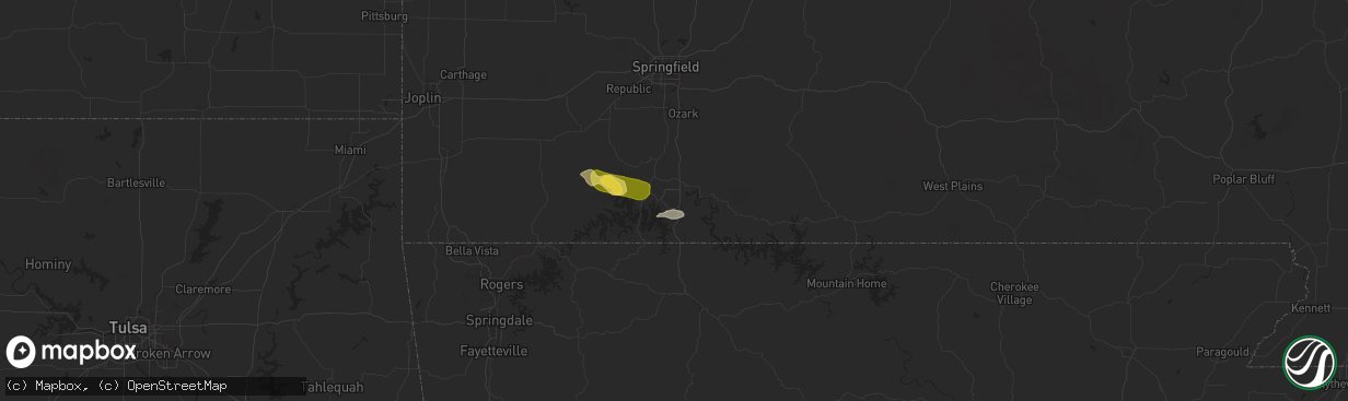 Hail map in Branson, MO on July 3, 2024