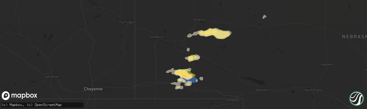 Hail map in Bridgeport, NE on July 3, 2024