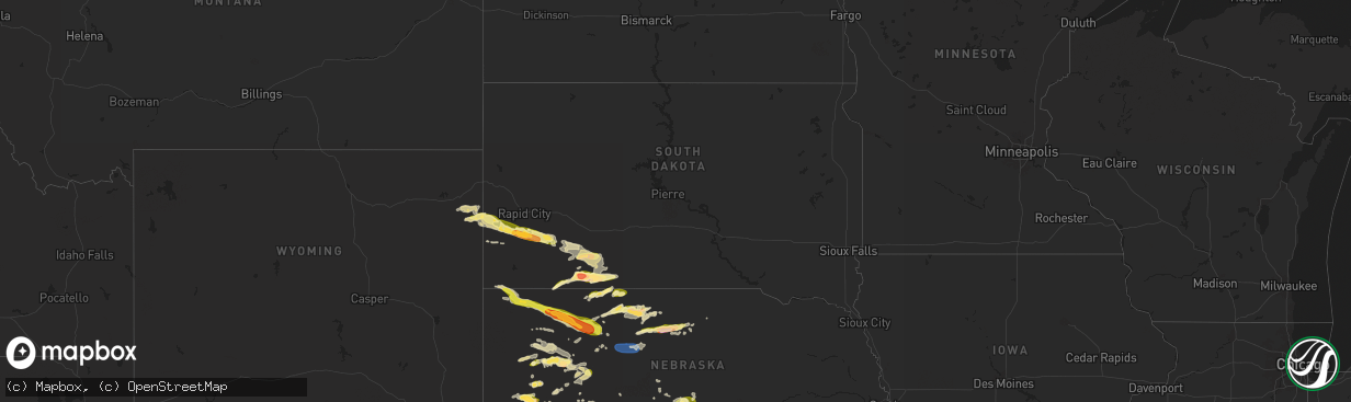 Hail map in South Dakota on July 3, 2024