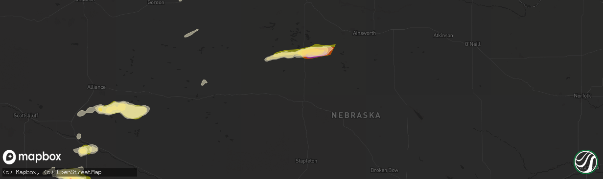 Hail map in Thedford, NE on July 3, 2024