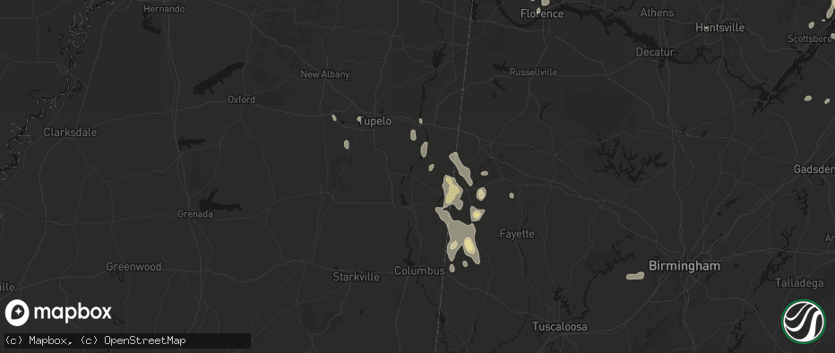 Hail map in Amory, MS on July 3, 2026