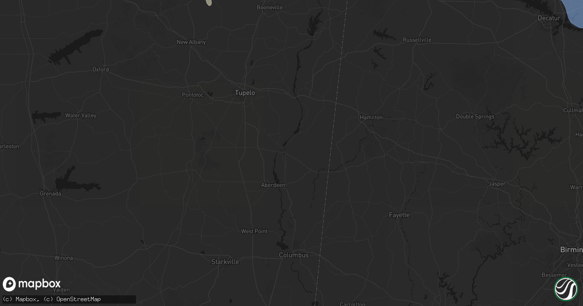 Hail map in Amory, MS on July 3, 2026