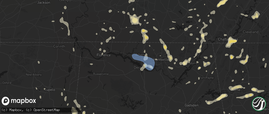 Hail map in Athens, AL on July 3, 2026