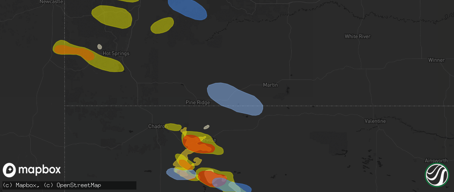 Hail map in Batesland, SD on July 3, 2026