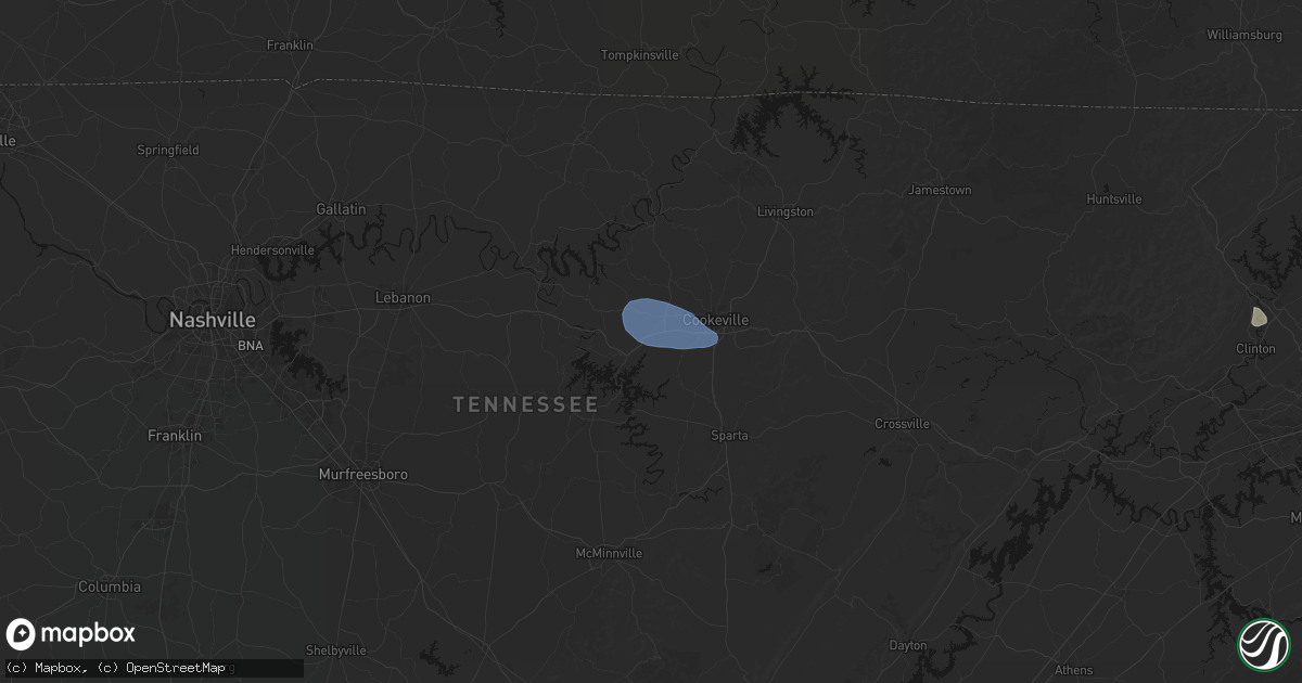 Hail map in Baxter, TN on July 3, 2026