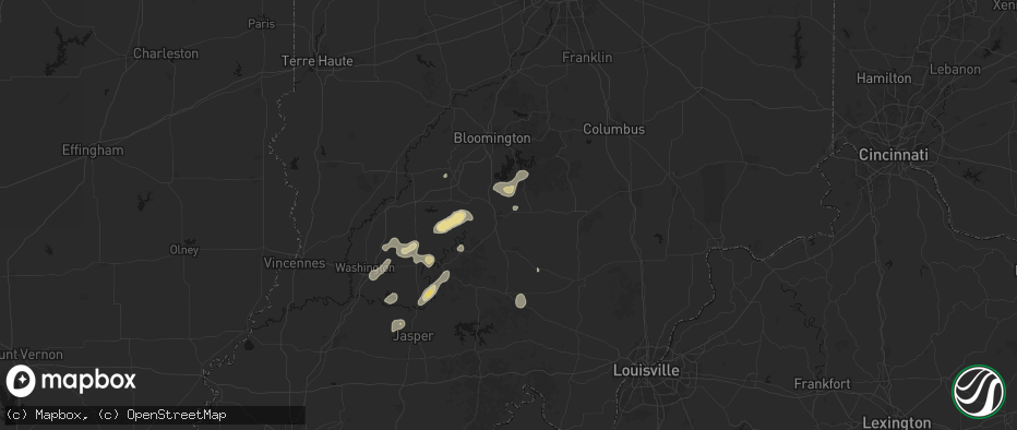Hail map in Bedford, IN on July 3, 2026