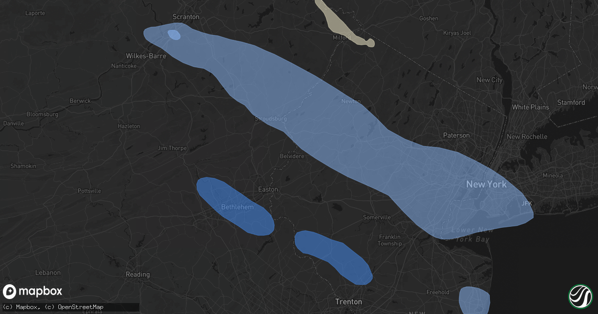 Hail map in Belvidere, NJ on July 3, 2026
