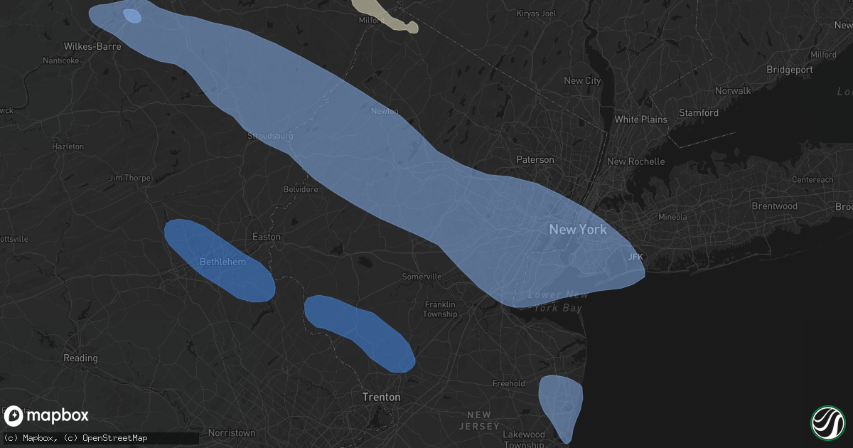 Hail map in Bernardsville, NJ on July 3, 2026
