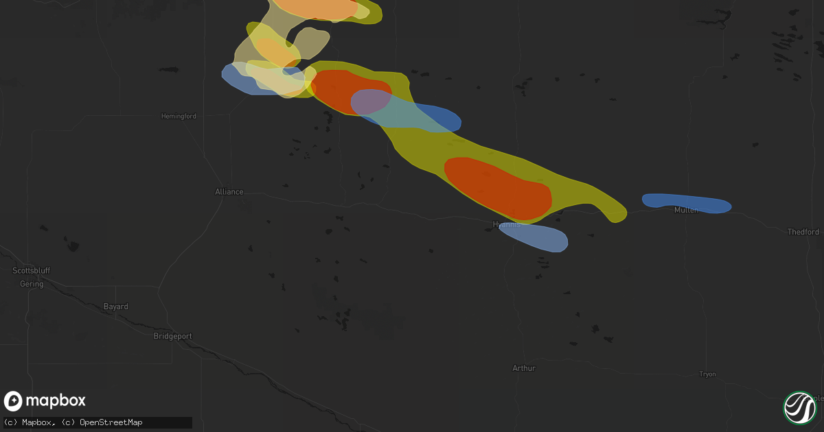 Hail map in Bingham, NE on July 3, 2026