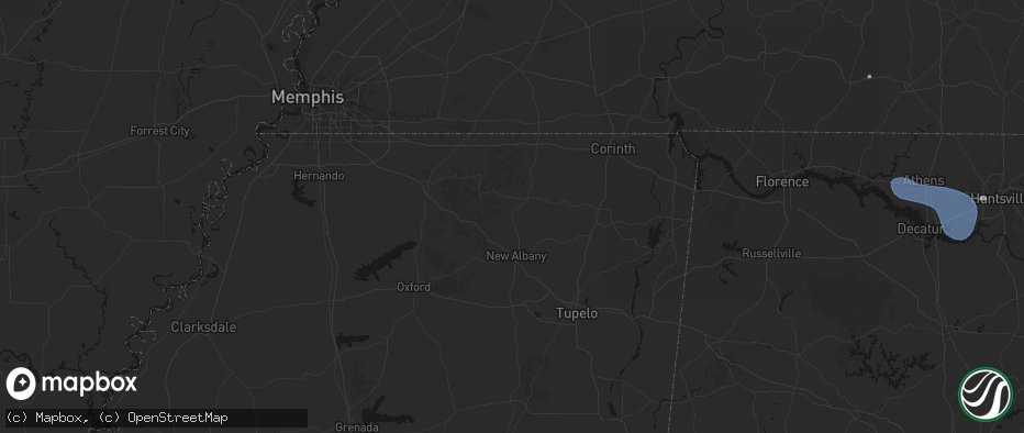 Hail map in Blue Mountain, MS on July 3, 2026
