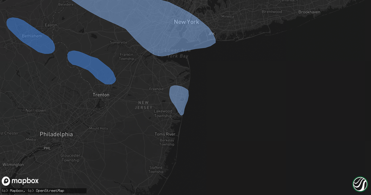 Hail map in Bradley Beach, NJ on July 3, 2026