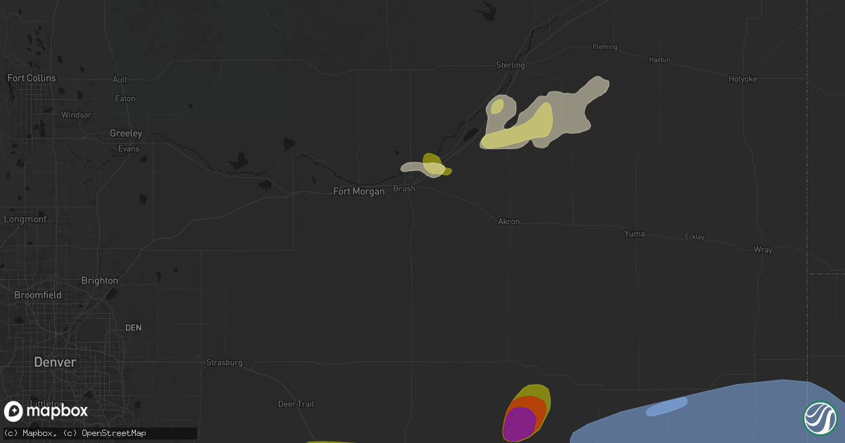 Hail map in Brush, CO on July 3, 2026