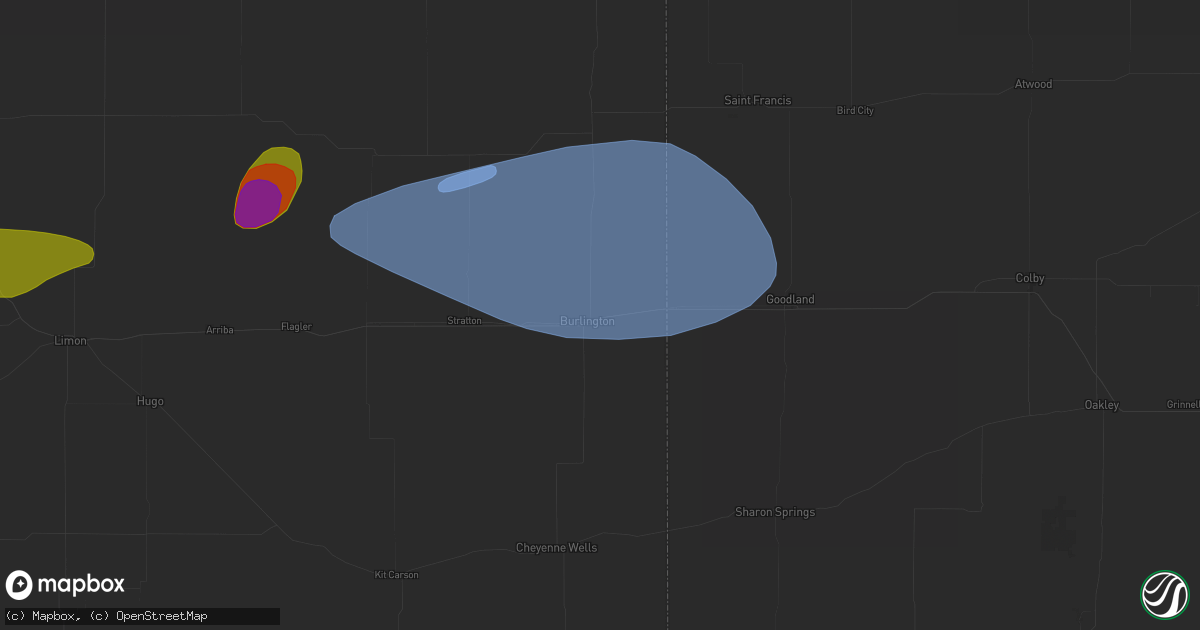 Hail map in Burlington, CO on July 3, 2026