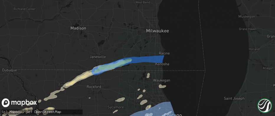 Hail map in Burlington, WI on July 3, 2026