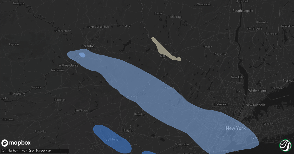 Hail map in Bushkill, PA on July 3, 2026