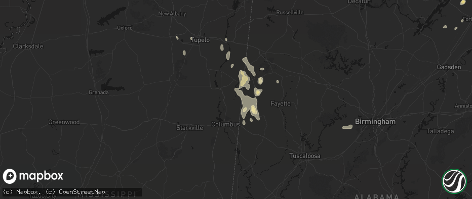 Hail map in Caledonia, MS on July 3, 2026