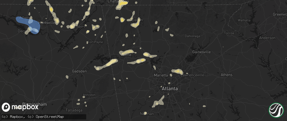 Hail map in Cartersville, GA on July 3, 2026