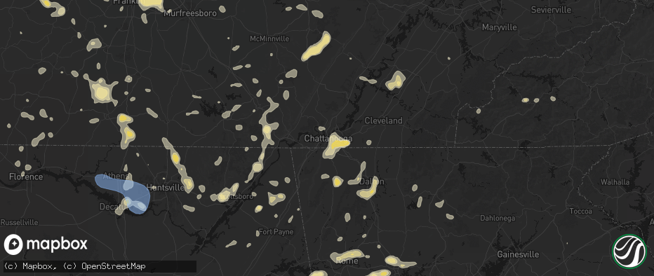 Hail map in Chattanooga, TN on July 3, 2026