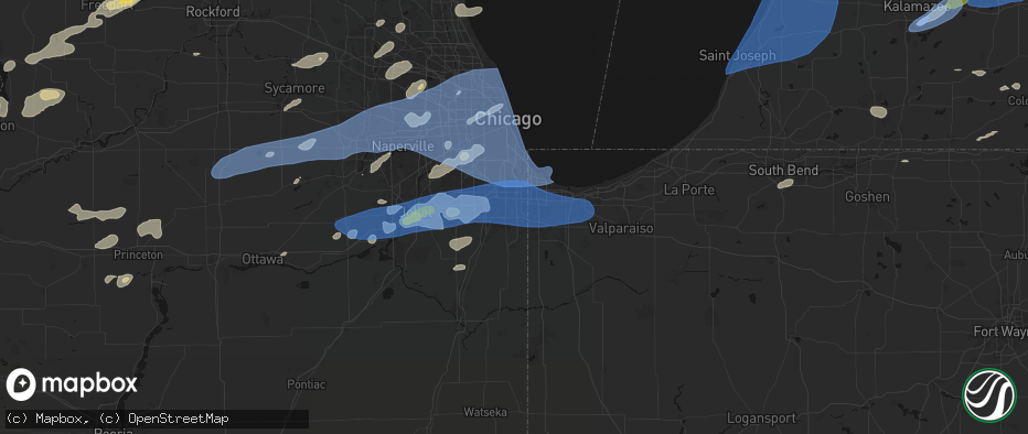 Hail map in Chicago Heights, IL on July 3, 2026