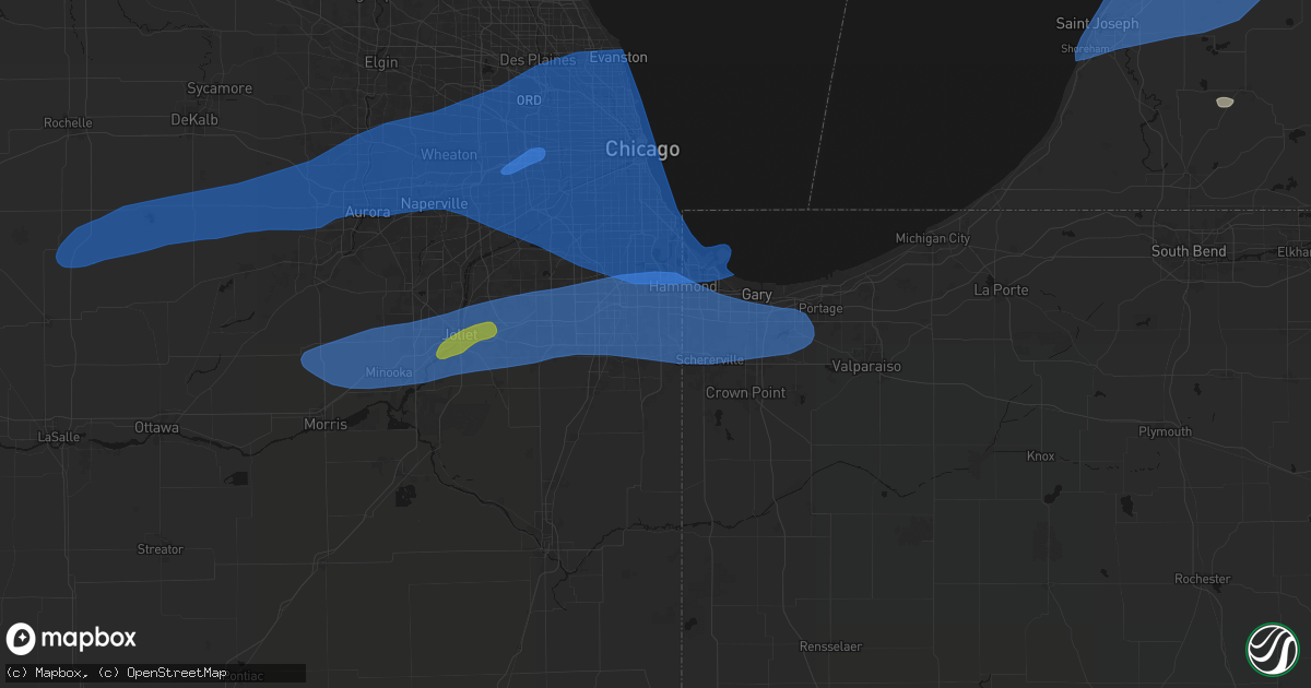 Hail map in Chicago Heights, IL on July 3, 2026